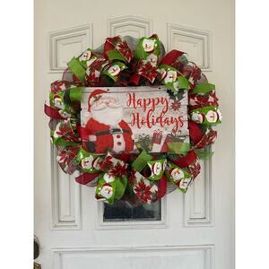 Happy Holidays Santa Wreat Festive Red and Green Christmas Wreath Door Decor xxx